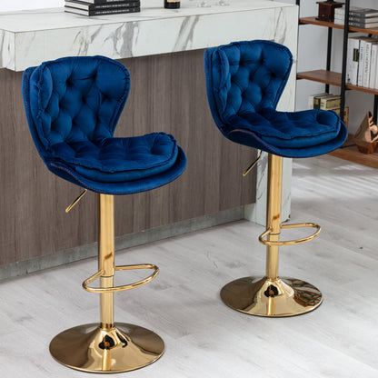 Set of 2  Bar Stools,with Chrome Footrest and Base Swivel Height Adjustable Mechanical Lifting Velvet + Golden Leg Simple Bar Stool-blue