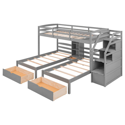 Twin over Twin&Twin Bunk Bed, Triple Bunk Bed with Drawers, Staircase with Storage, Built-in Shelves, Gray