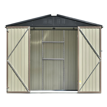 TOPMAX Patio 8ft x6ft Bike Shed Garden Shed, Metal Storage Shed with Adjustable Shelf and Lockable Doors, Tool Cabinet with Vents and Foundation Frame for Backyard, Lawn, Garden, Brown