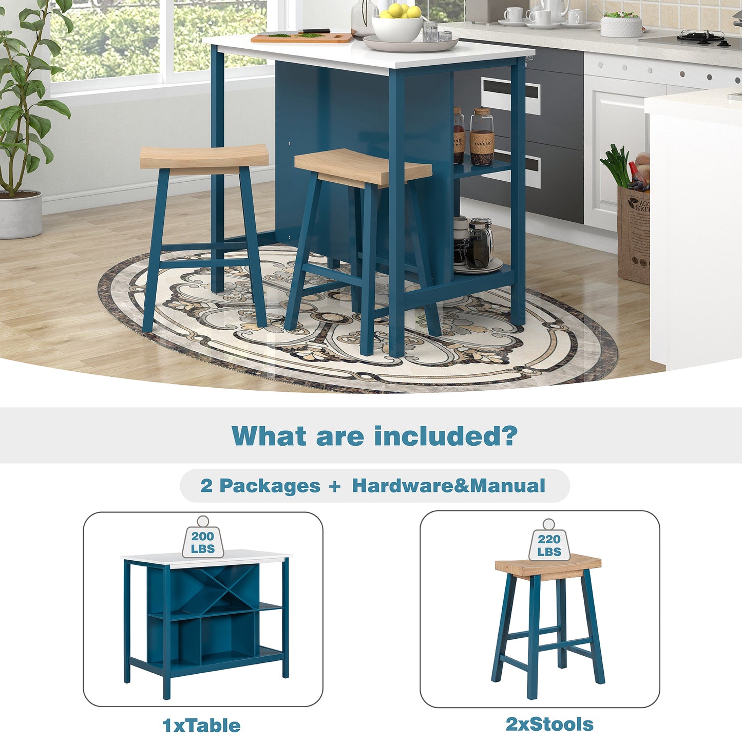 TOPMAX Farmhouse 3-piece Wood Stationary Kitchen Island Set with 2 Seatings, Dining Table Set with  Shelves and Wine Rack for Small Places,Blue Frame+White Top