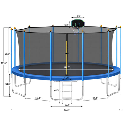 16FT Trampoline for Kids with Safety Enclosure Net, Ladder and 12 Safety Poles, Spring Cover Padding, Basketball Hoop