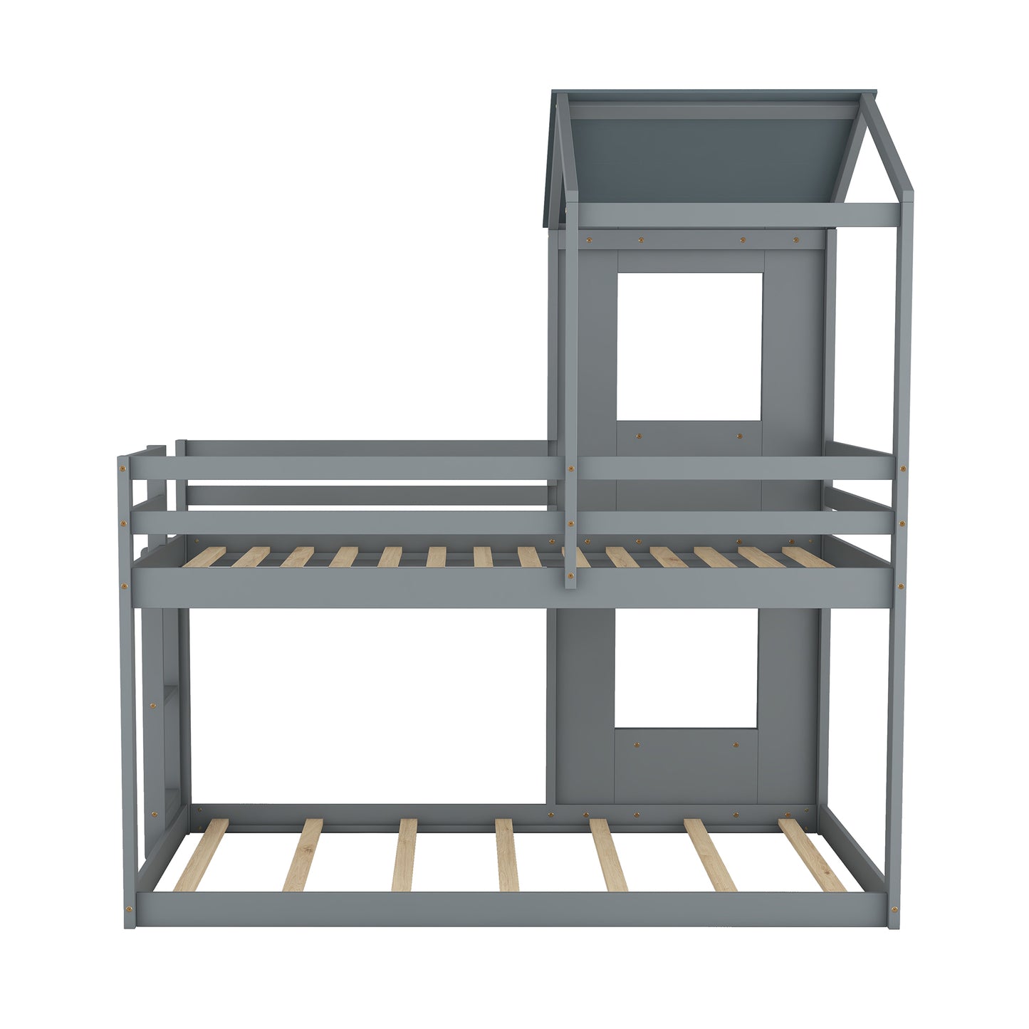 Twin Over Twin Bunk Bed Wood Bed with Roof, Window, Guardrail, Ladder (Gray)