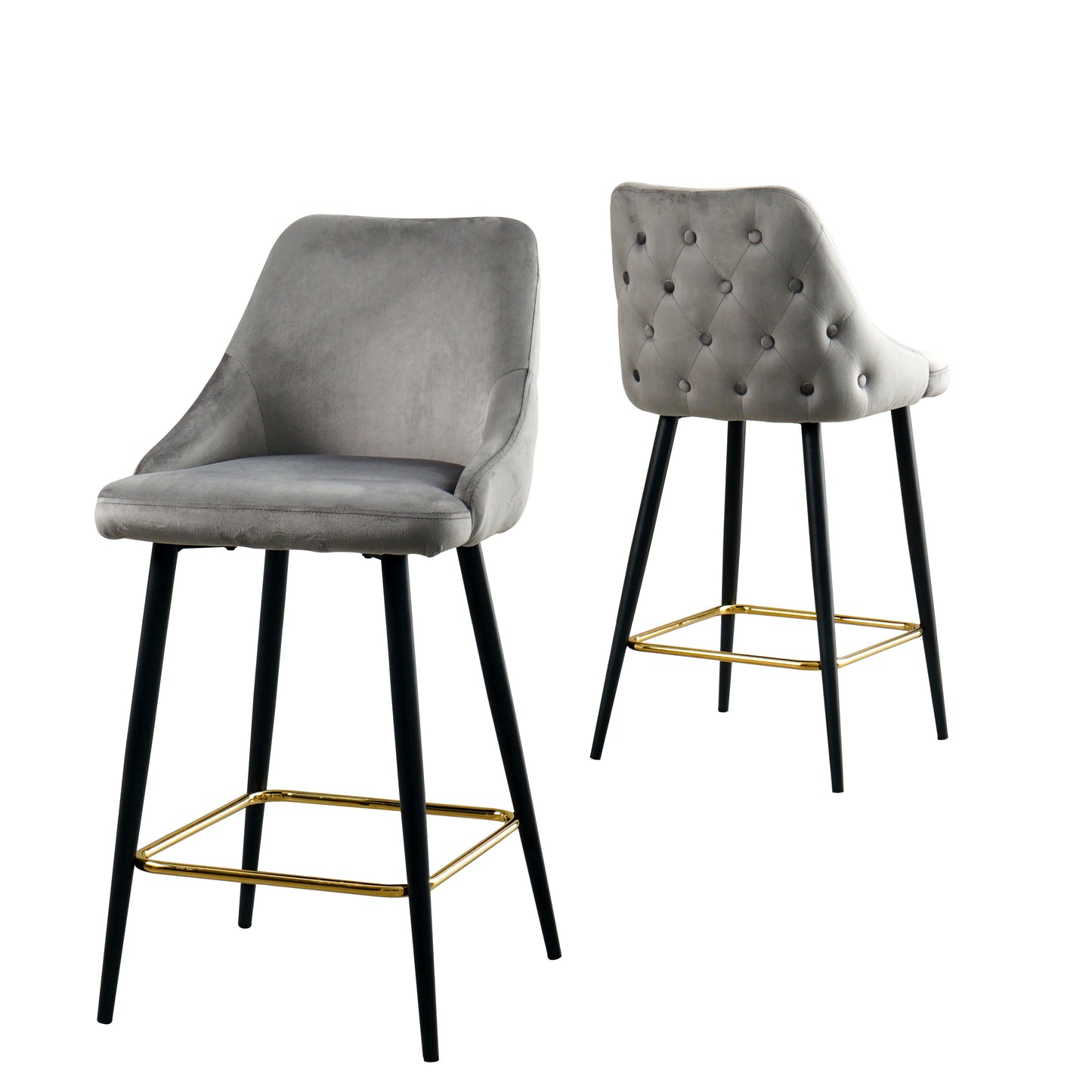 Luxury Modern Gray Velvet Upholstered High Bar Stool Chair With Gold Legs(set of 2)