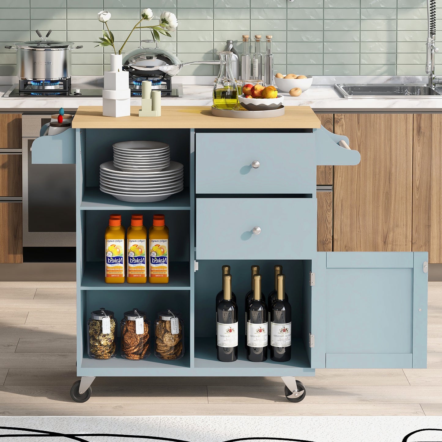 K&K Store Kitchen Cart on 4 Wheels with 2 Drawers and 3 Open Shelves, Kitchen Island with Rubber Wood top for Dinning Room, Grey Blue