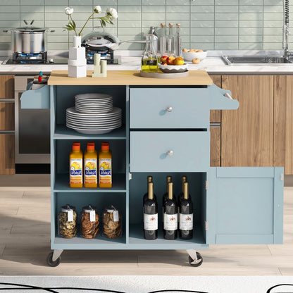 K&K Store Kitchen Cart on 4 Wheels with 2 Drawers and 3 Open Shelves, Kitchen Island with Rubber Wood top for Dinning Room, Grey Blue