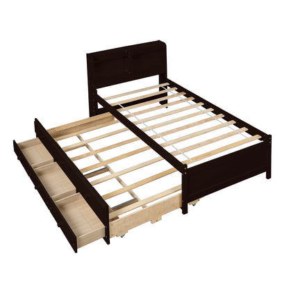 Twin Bed with Bookcase,Twin Trundle,Drawers,Espresso