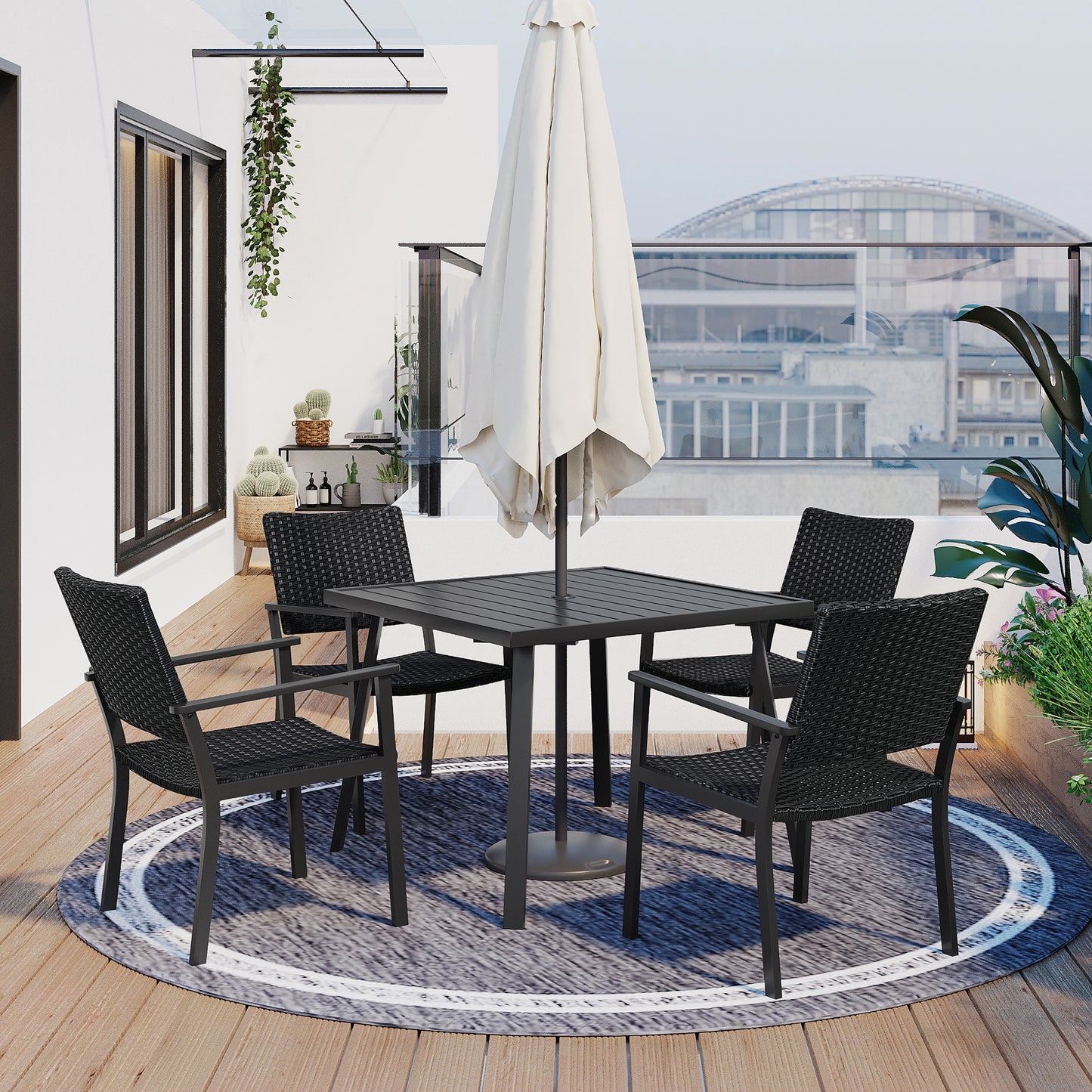 TOPMAX Outdoor Patio PE Wicker 5-Piece Dining Table Set with Umbrella Hole and 4 Dining Chairs for Garden, Deck,Black Frame+Black Rattan