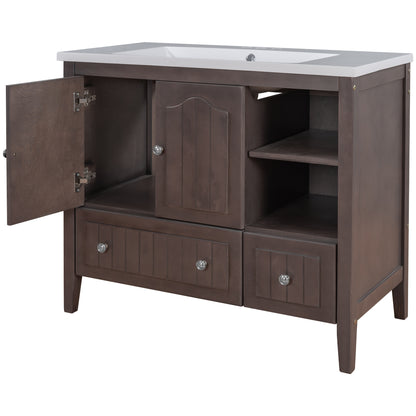 [VIDEO] 36" Bathroom Vanity with Ceramic Basin, Bathroom Storage Cabinet with Two Doors and Drawers, Solid Frame, Metal Handles, Brown