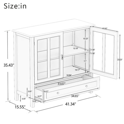 Buffet storage cabinet with double glass doors and unique bell handle