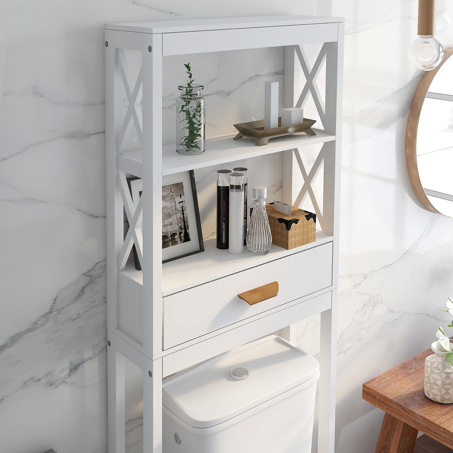 Over-the-Toilet Storage Cabinet White with one Drawer and 2 Shelves Space Saver Bathroom Rack