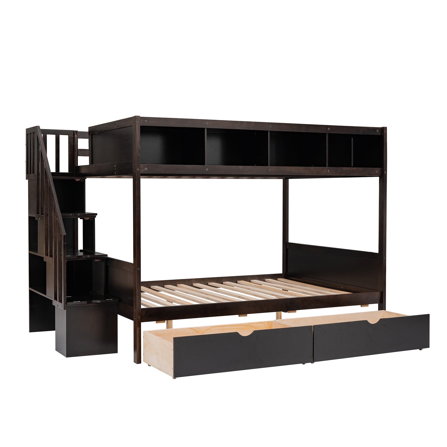 Twin over Full Bunk Bed with Shelfs, Storage Staircase and 2 Drawers, Espresso