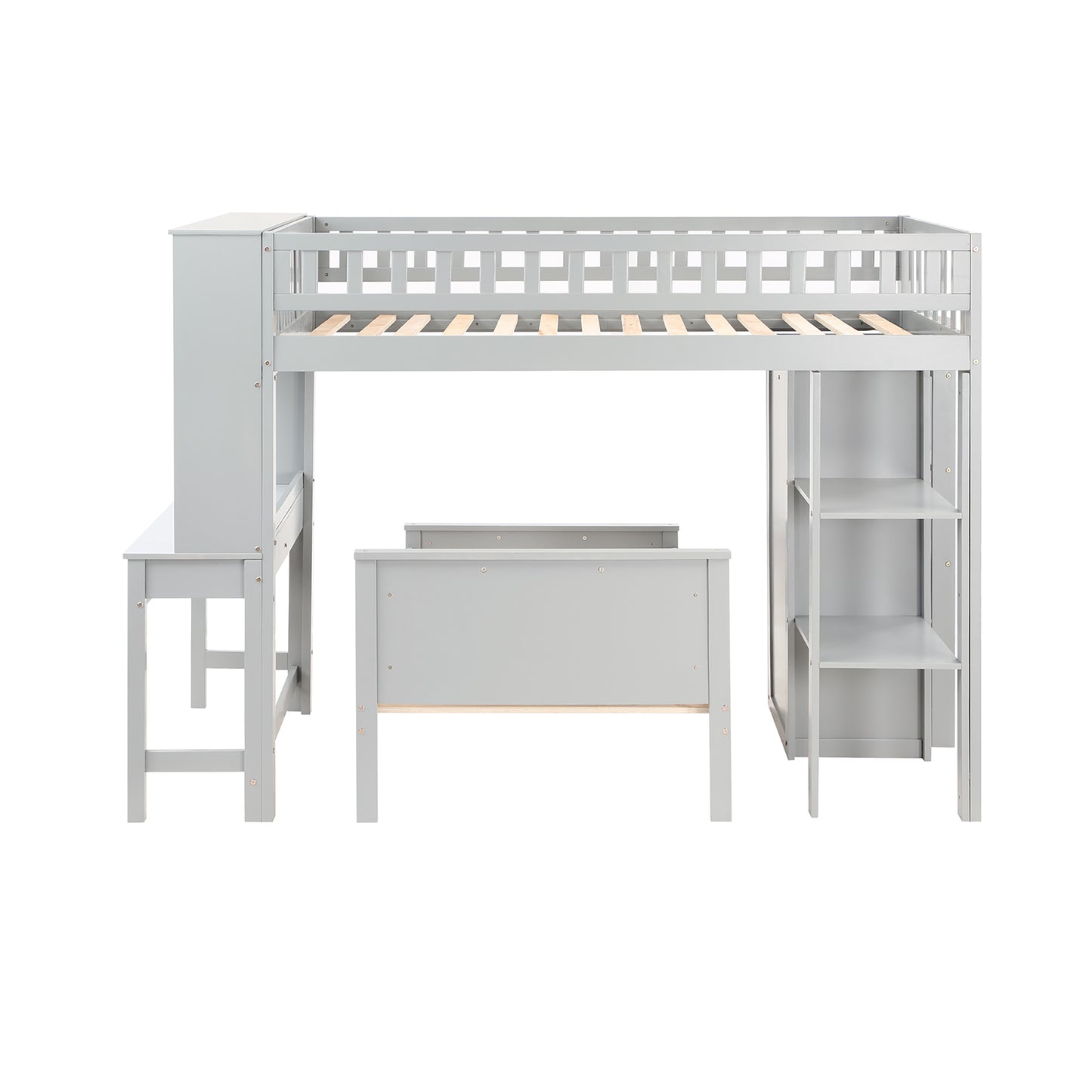 Twin Size Loft Bed with Closet and Desk, Extra Bottom Twin Bed, Grey