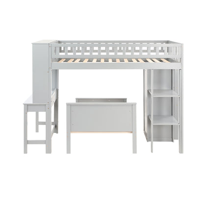 Twin Size Loft Bed with Closet and Desk, Extra Bottom Twin Bed, Grey