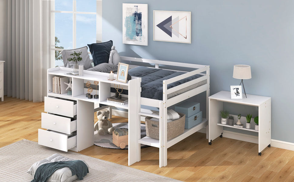 Full Size Low Loft Bed with Rolling Portable Desk, Drawers and Shelves,  White