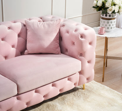 New design comfortable pink loveseat with two throw pillows in the same color