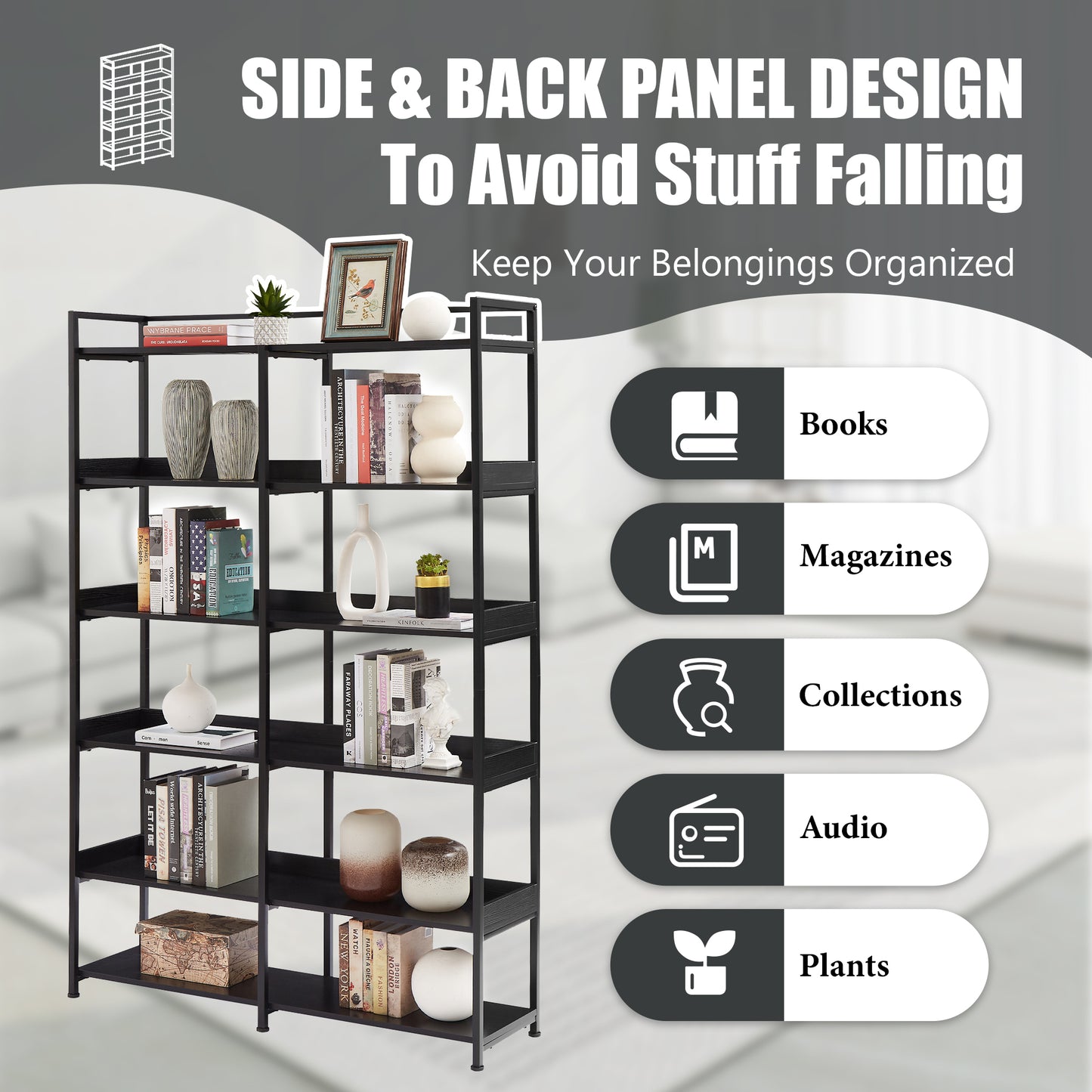 70.8 Inch Tall Bookshelf MDF Boards Stainless Steel Frame, 6-tier Shelves with Back&Side Panel, Adjustable Foot Pads, Black