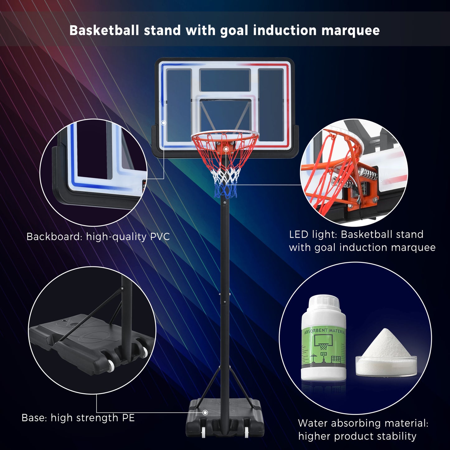 Portable Basketball Hoop Basketball System 4.76-10ft Height Adjustment for Youth Adults LED Basketball Hoop Lights, Colorful lights, Waterproof，Super Bright to Play at Night Outdoors,Good Gift for Kid