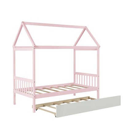 WARM PINK TWIN HOUSE BED WITH WHITE TWIN TRUNDLE