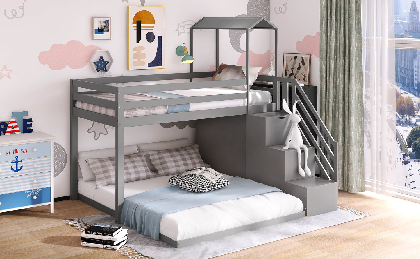 Twin over Full House Roof Bunk Bed with Staircase and Shelves, Gray