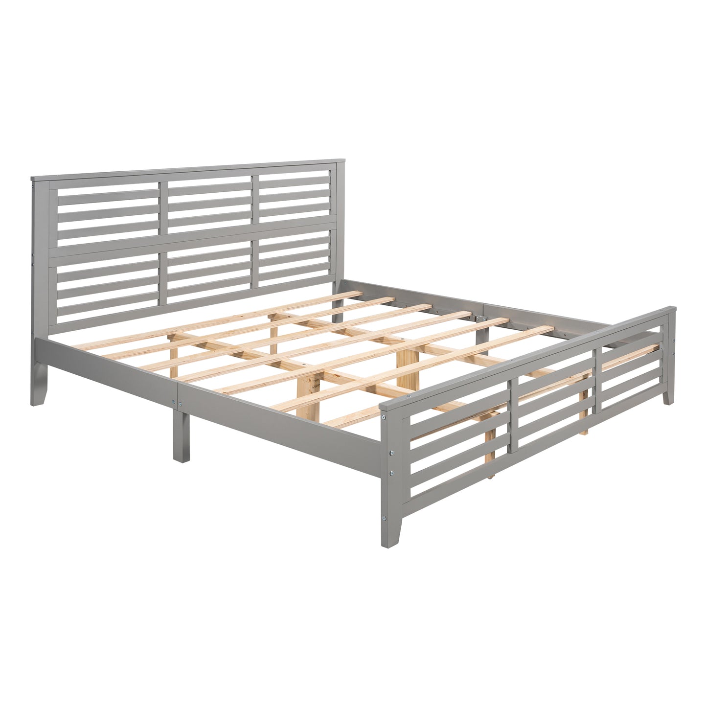 Platform bed with horizontal strip hollow shape, King size, gray （New）