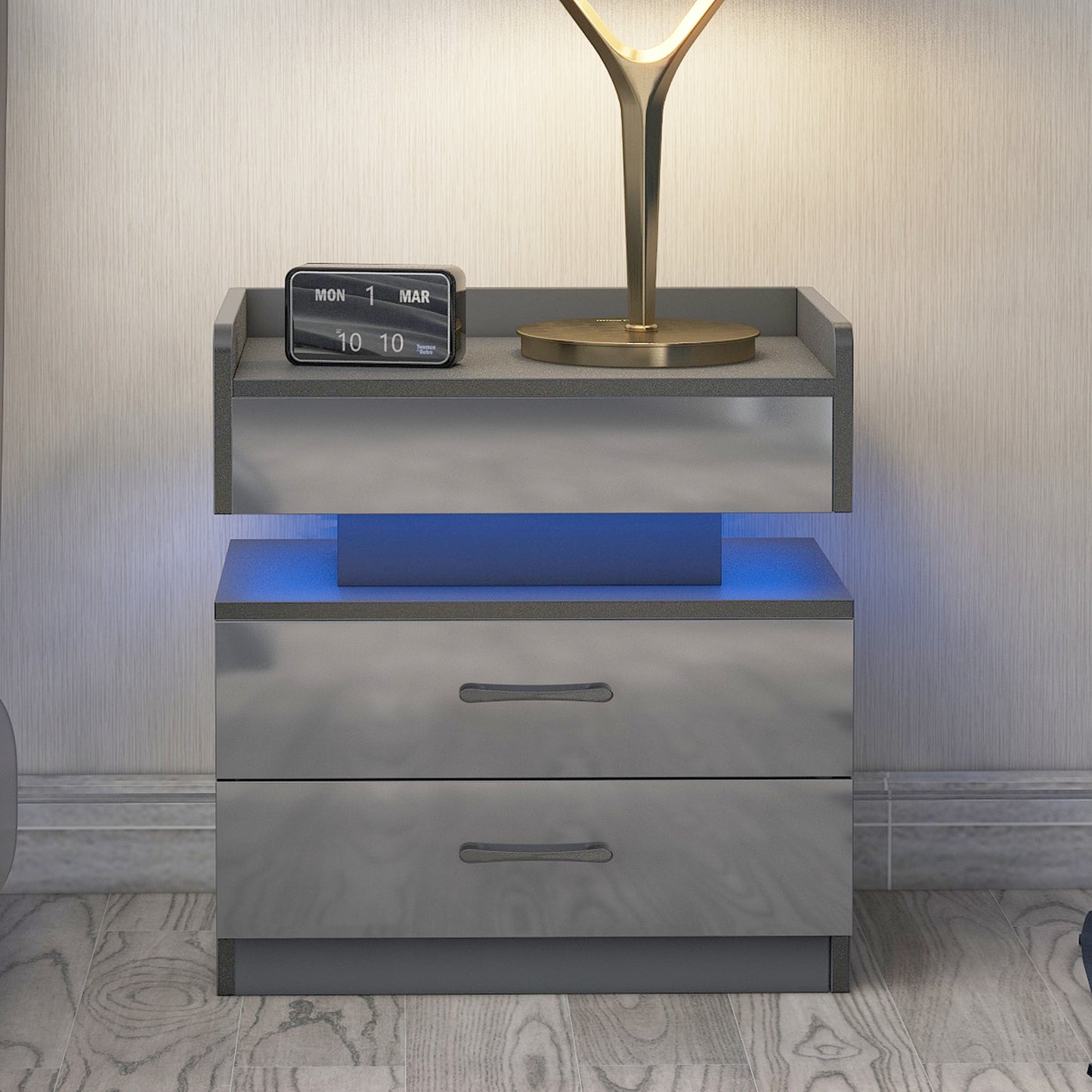 Nightstand with 2 Drawers,USB Charging Ports, Wireless Charging and Remote Control LED Light-Dark Gray