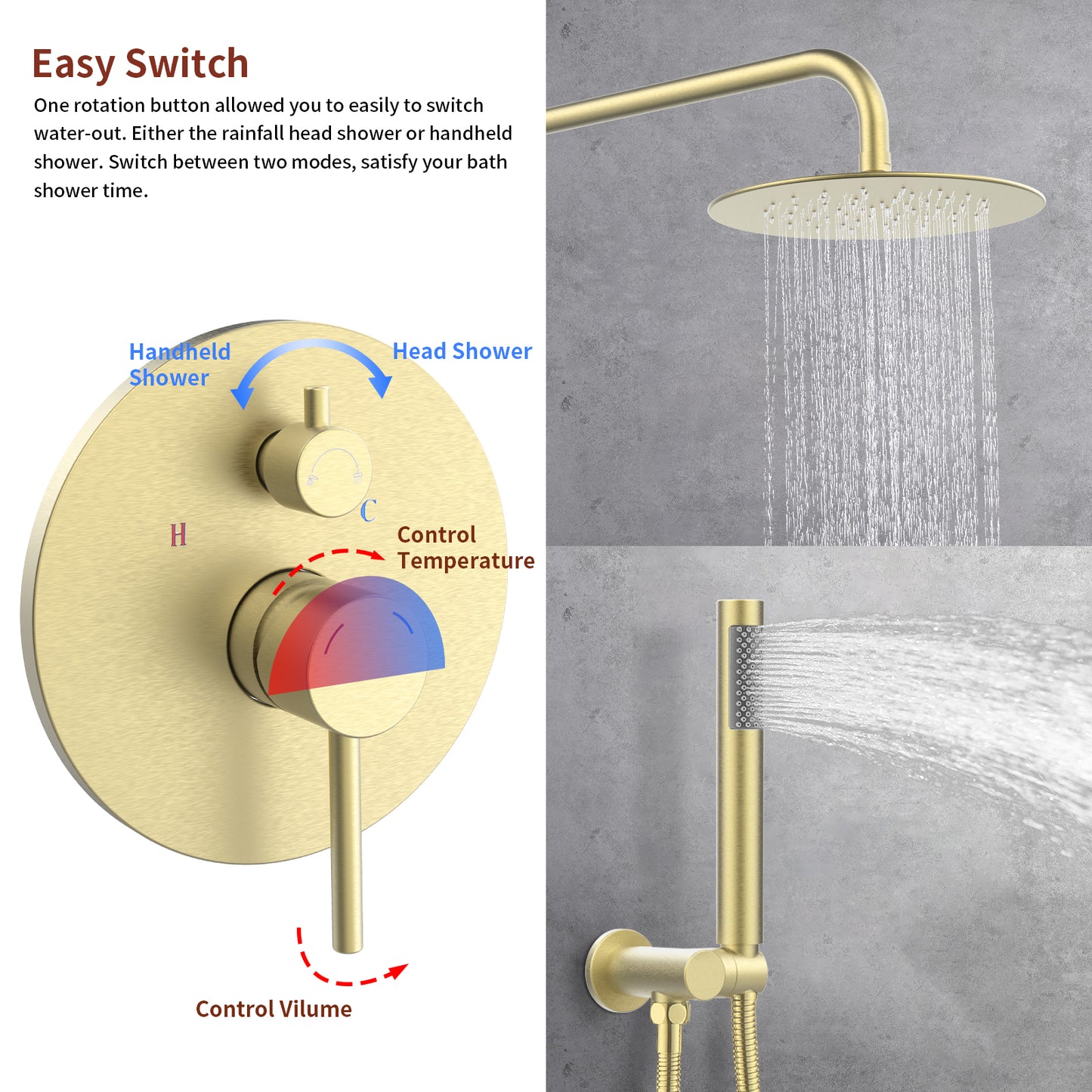 Shower System Shower Faucet Combo Set Wall Mounted with 10" Rainfall Shower Head and handheld shower faucet, Brushed Gold Finish with Brass Valve Rough-In