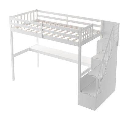 Twin Size Loft Bed with Staircase and Built-in Desk ,White