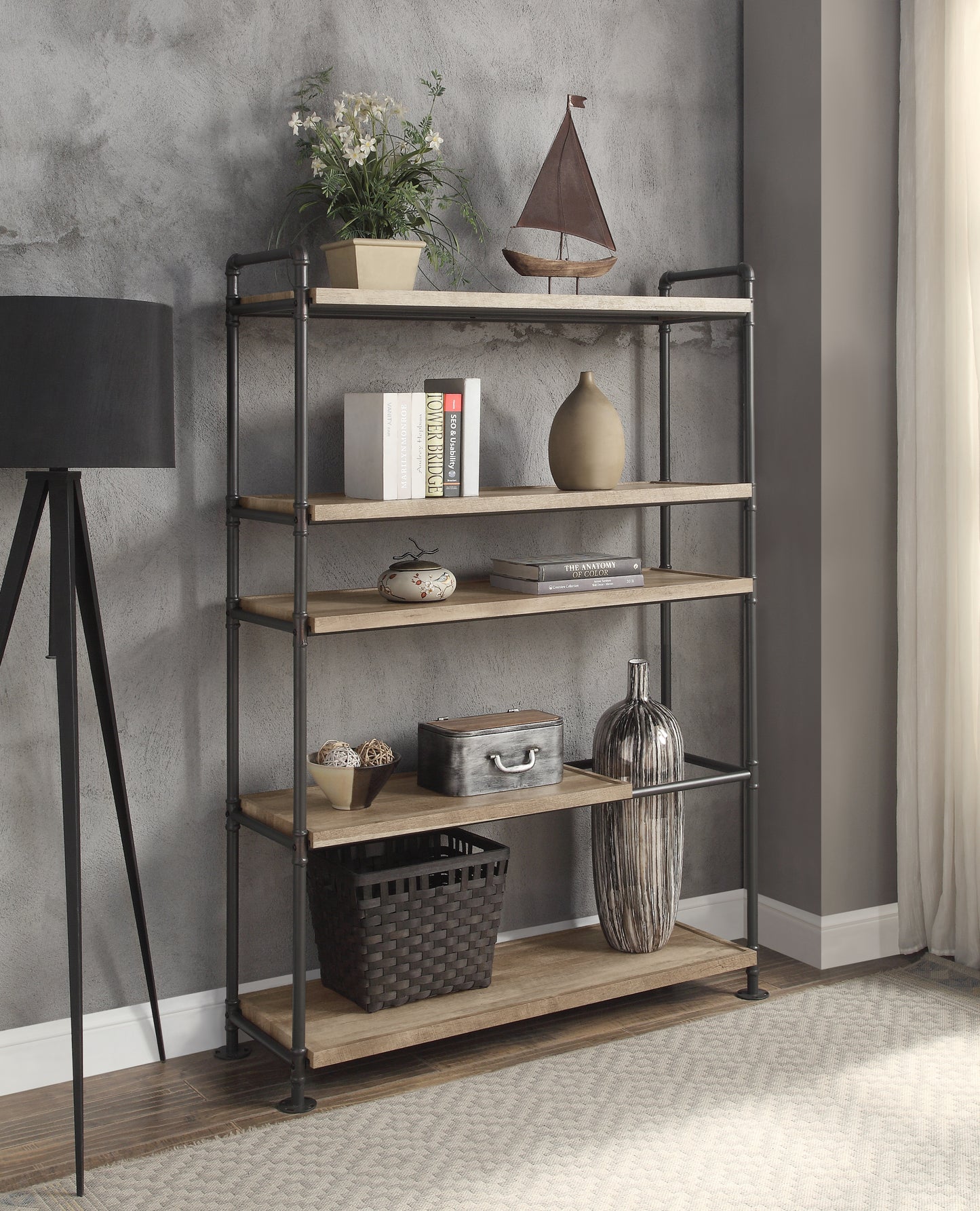 ACME Brantley Bookshelf w/5 Shelves in Oak & Sandy Black Finish AC00758