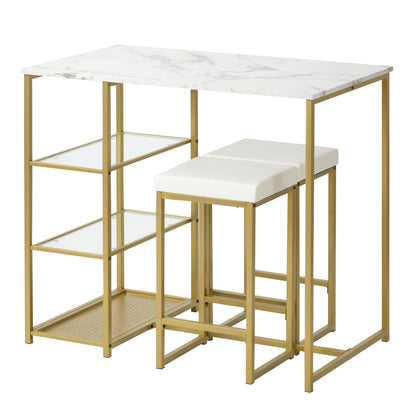 TREXM 3-piece Modern Pub Set with Faux Marble Countertop and Bar Stools, White/Gold