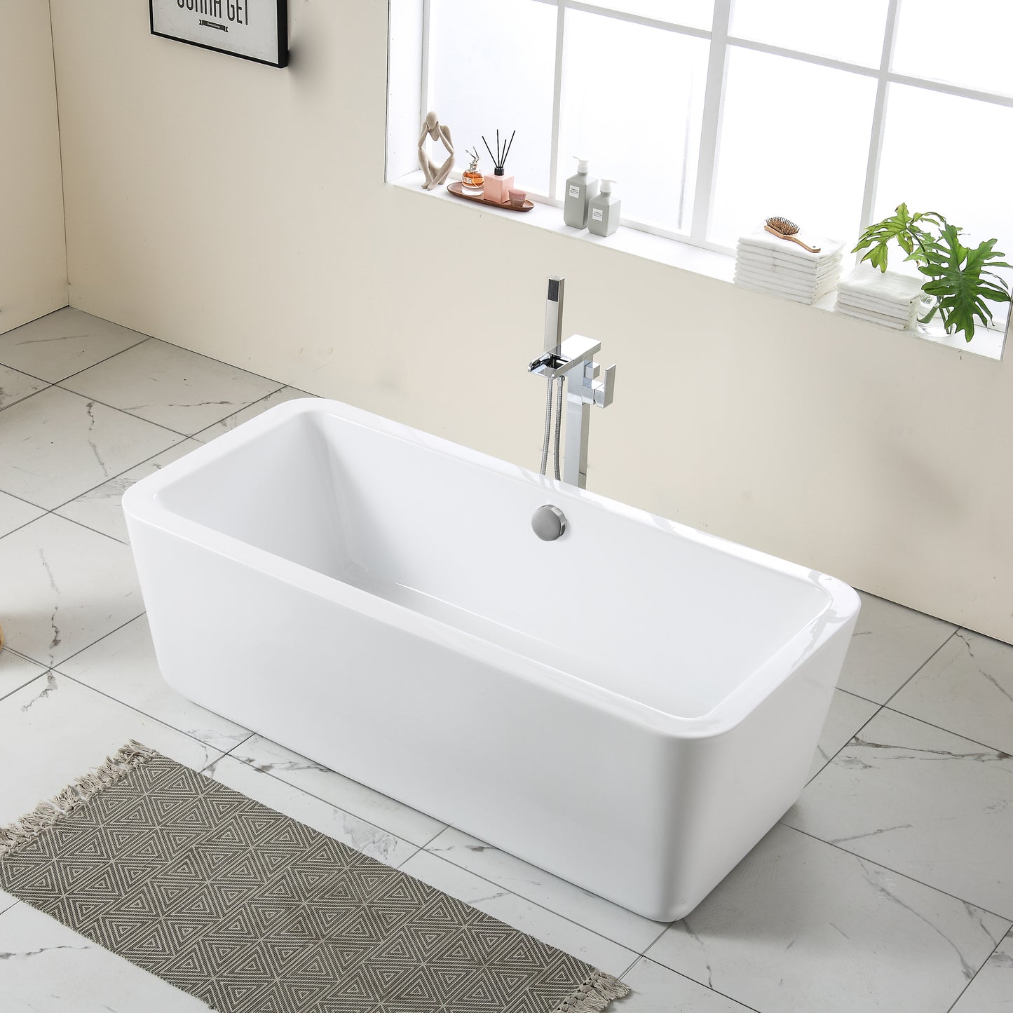 67" Acrylic Art Freestanding Alone White Soaking Bathtub with Brushed Nickel Overflow and Pop-up Drain