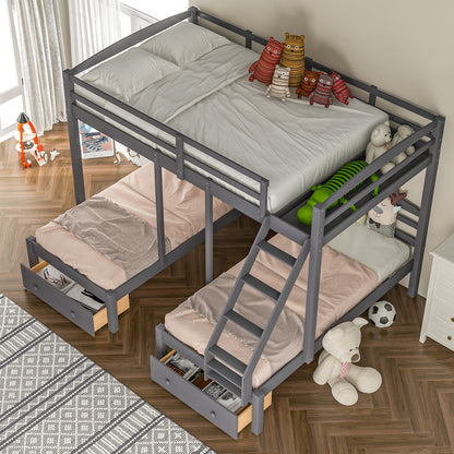 Full over Twin & Twin Bunk Bed,Triple Bunk Bed with Drawers, Gray