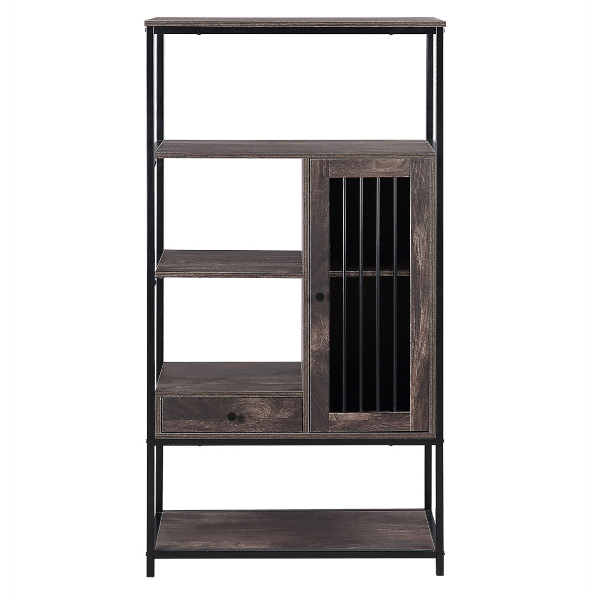 Home Office Bookcase and Bookshelf 5 Tier Display Shelf with Doors and Drawers, Freestanding Multi-functional Decorative Storage Shelving, Vintage Brown Industrial Style (Brown)