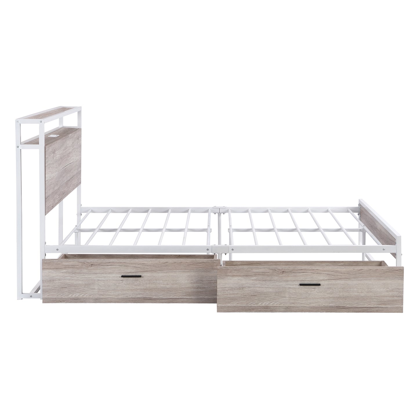 Full Size Metal Platform Bed Frame with  Two Drawers,Sockets and USB Ports ,Slat Support No Box Spring Needed White