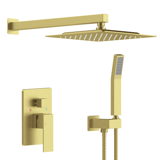 Shower System Shower Faucet Combo Set Wall Mounted with 10" Rainfall Shower Head and handheld shower faucet, Brushed Gold Finish with Brass Valve Rough-In