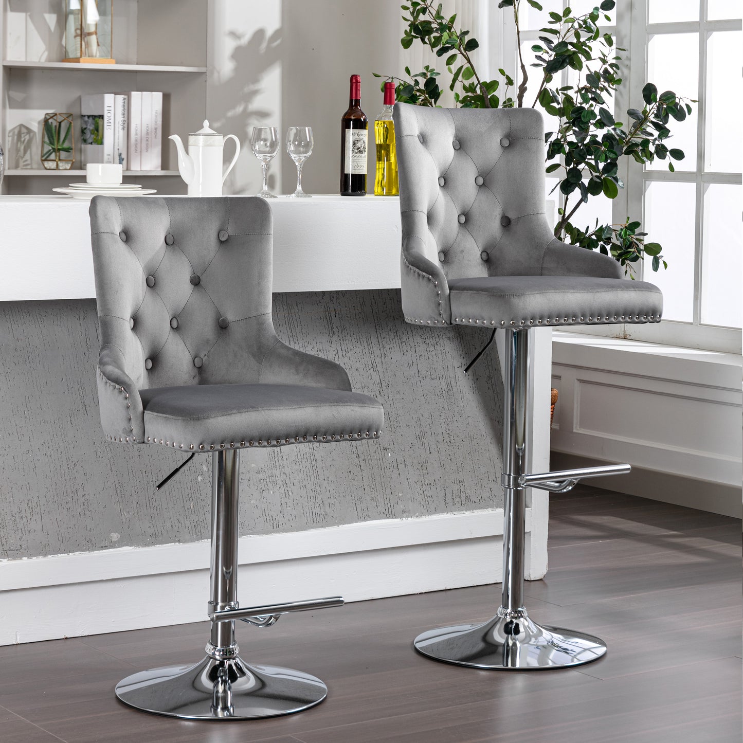 Swivel Velvet Barstools Adjusatble Seat Height , Modern Upholstered Bar Stools with Backs Comfortable Tufted for Home Pub and Kitchen Island（Gray,Set of 2）