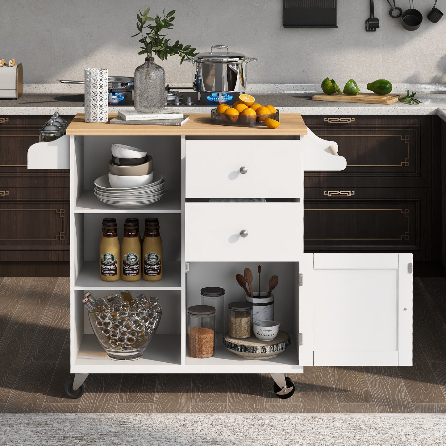 K&K Store Kitchen Cart on 4 Wheels with 2 Drawers and 3 Open Shelves, Kitchen Island with Rubber Wood top for Dinning Room, White