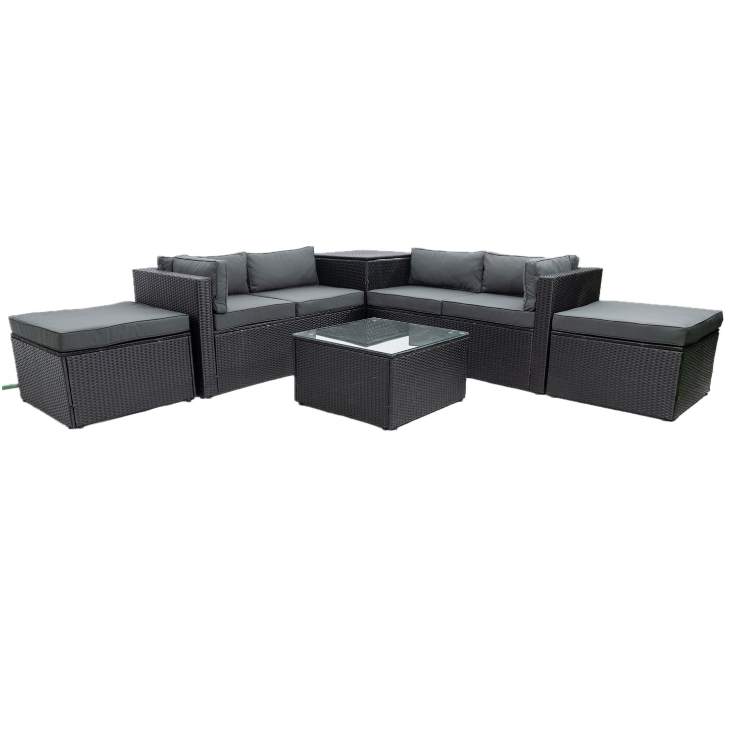 6 Piece Patio Rattan Wicker Outdoor Furniture Conversation Sofa Set with Storage Box Removeable Cushions and Temper glass TableTop