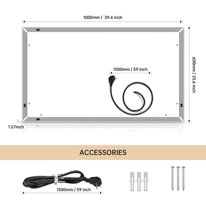 40*24 LED Lighted Bathroom Wall Mounted Mirror with High Lumen+Anti-Fog Separately Control+Dimmer Function