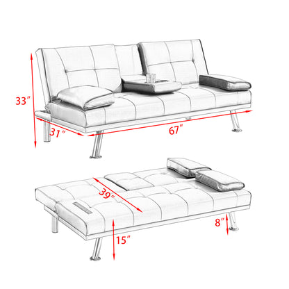 [New+Video] Brown Leather Multifunctional Double Folding Sofa Bed for Office with Coffee Table