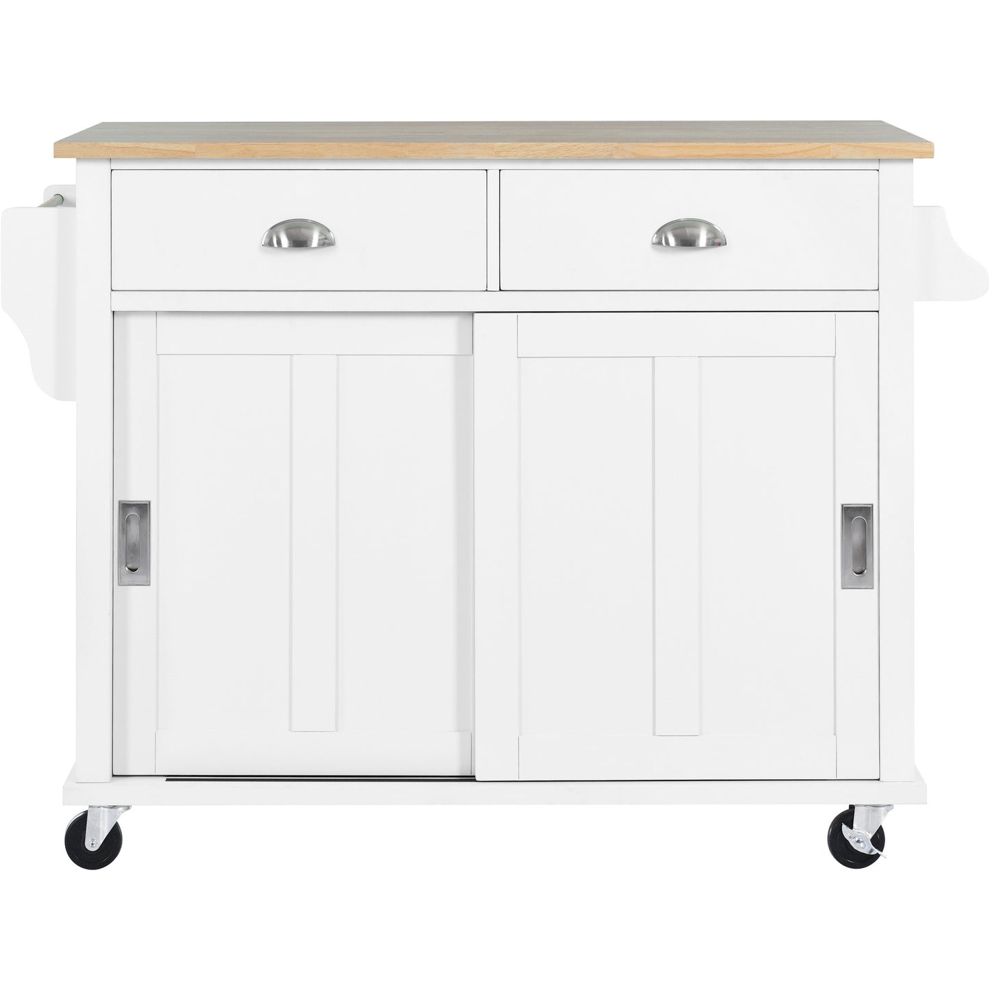 K&K Kitchen Cart with Rubber wood Drop-Leaf Countertop, Concealed sliding barn door adjustable height,Kitchen Island on 4 Wheels with Storage Cabinet and 2 Drawers,L52.2xW30.5xH36.6 inch, White