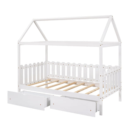 Twin Size House Bed with drawers, Fence-shaped Guardrail, White