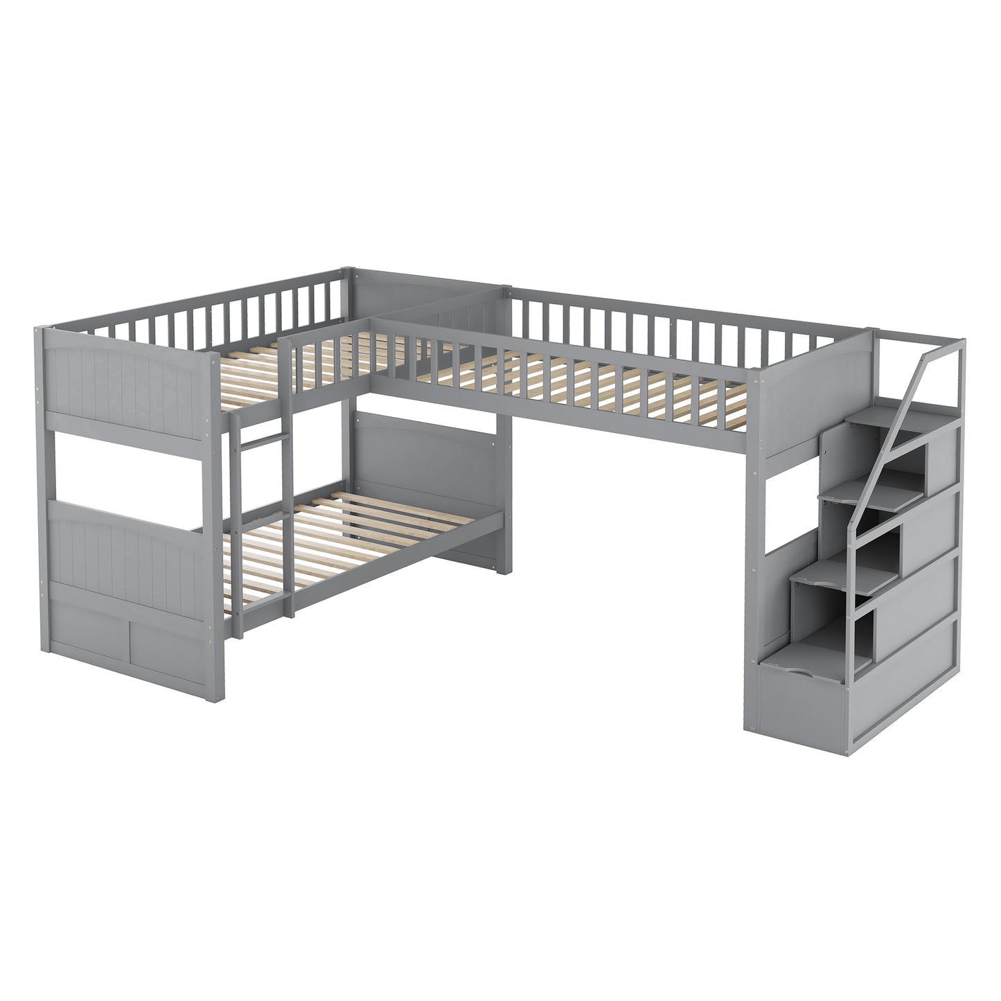 Twin over Twin Wooden L-Shaped Bunk Bed with Ladder and Stairway,Grey(OLD SKU:SM000303AAE-1)