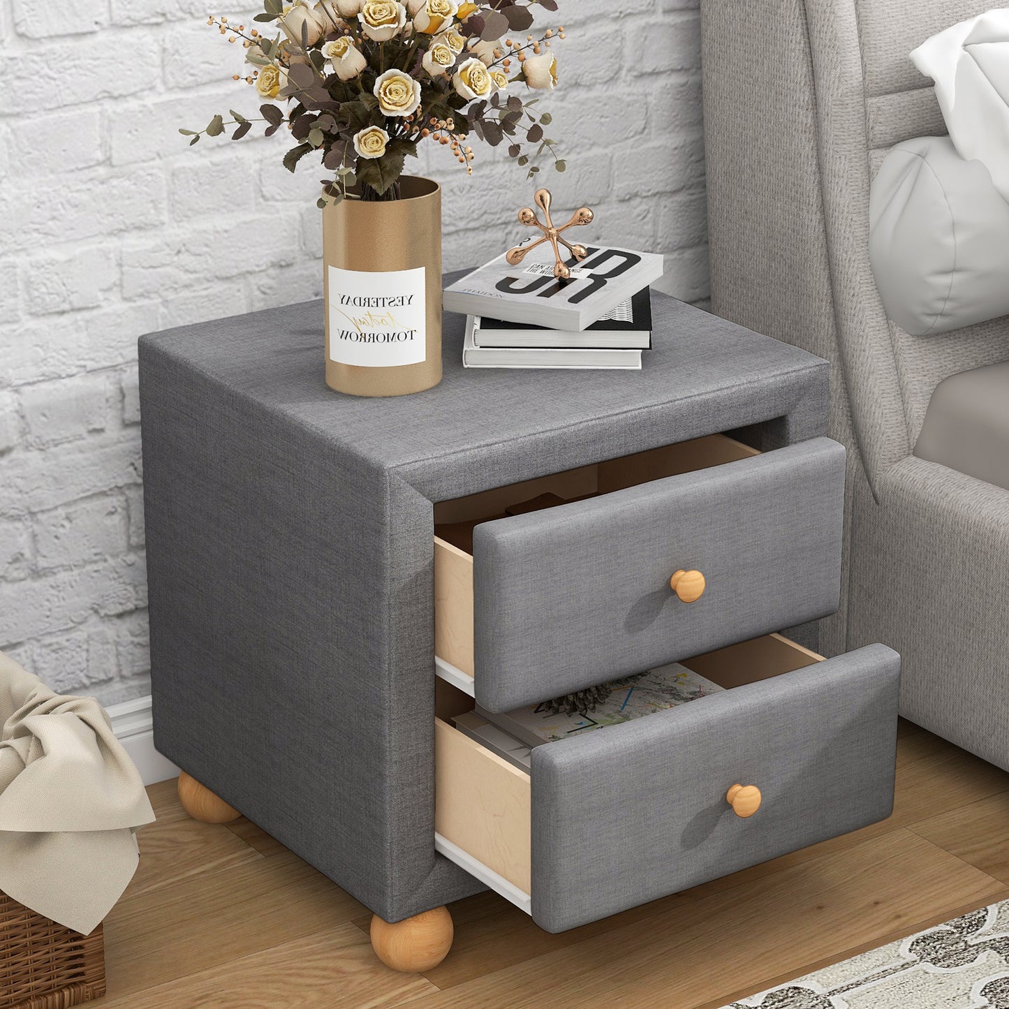 Modern Upholstered Storage Nightstand with 2 Drawers,Natural Wood Knobs,Dark Gray