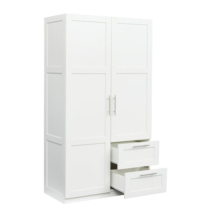 High wardrobe and kitchen cabinet with 2 doors, 2 drawers and 5 storage spaces,white