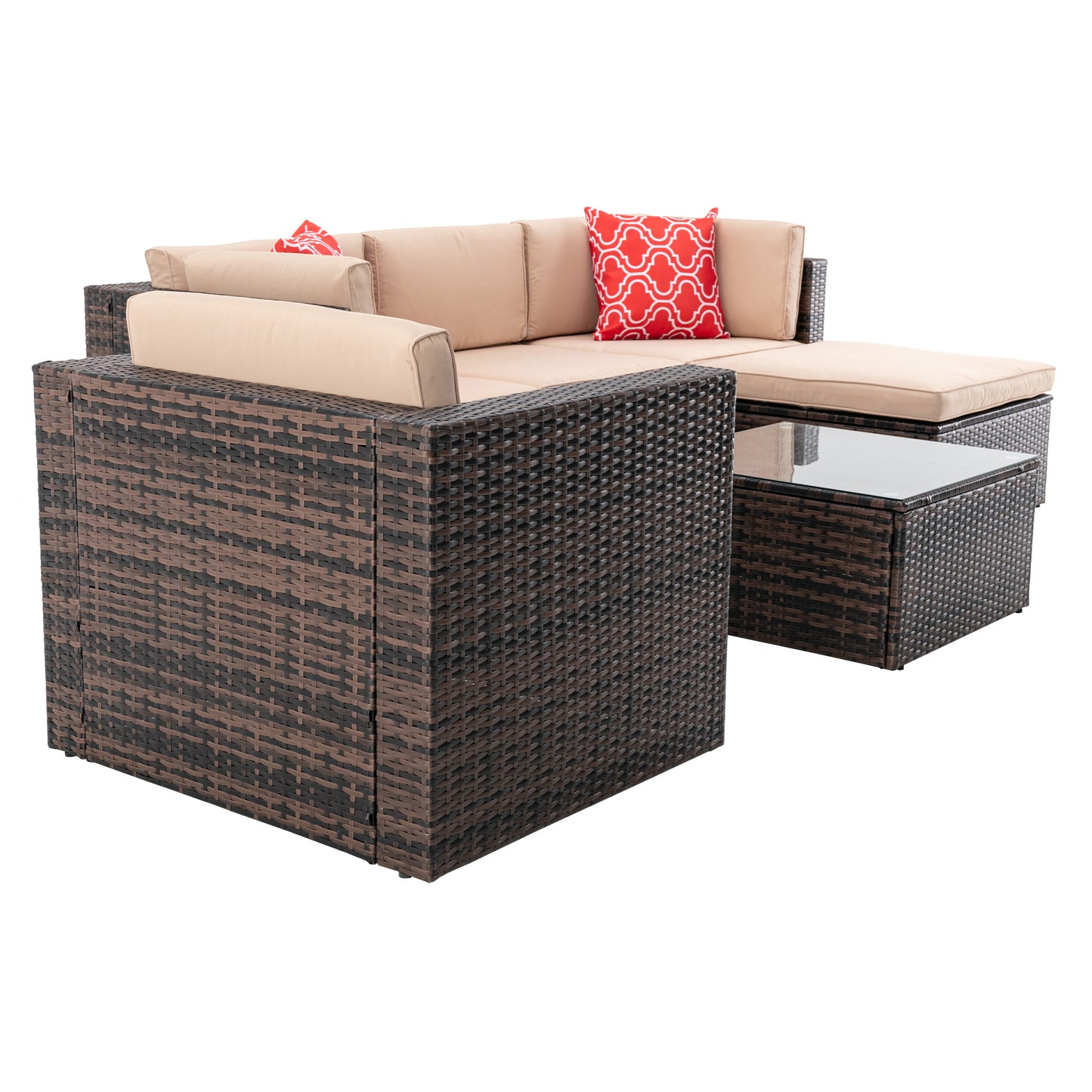 6Pcs Outdoor Garden Patio Furniture  PE Rattan Wicker  Sectional Cushioned Sofa Sets with 2 Pillows and Coffee Table