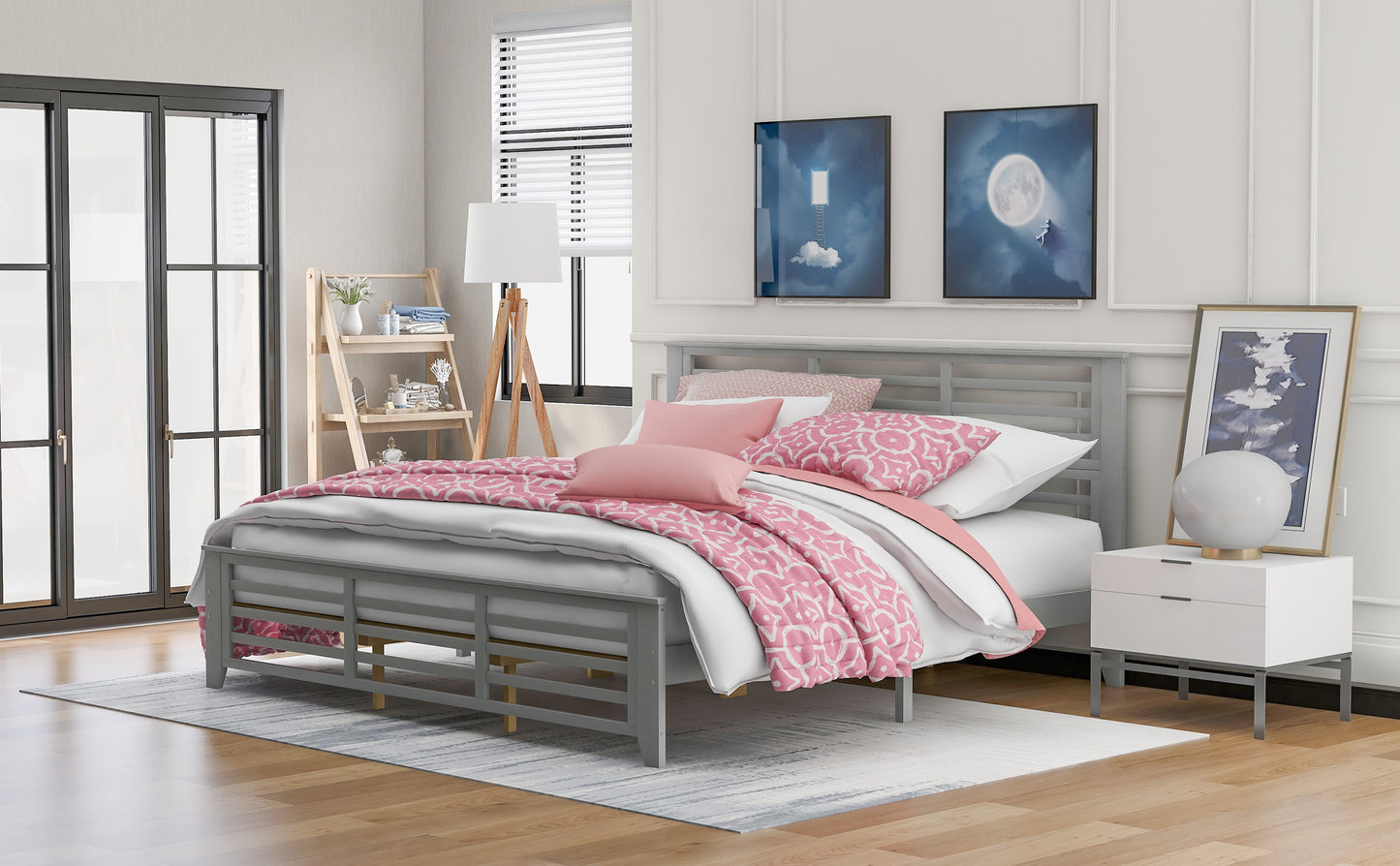 Platform bed with horizontal strip hollow shape, King size, gray （New）