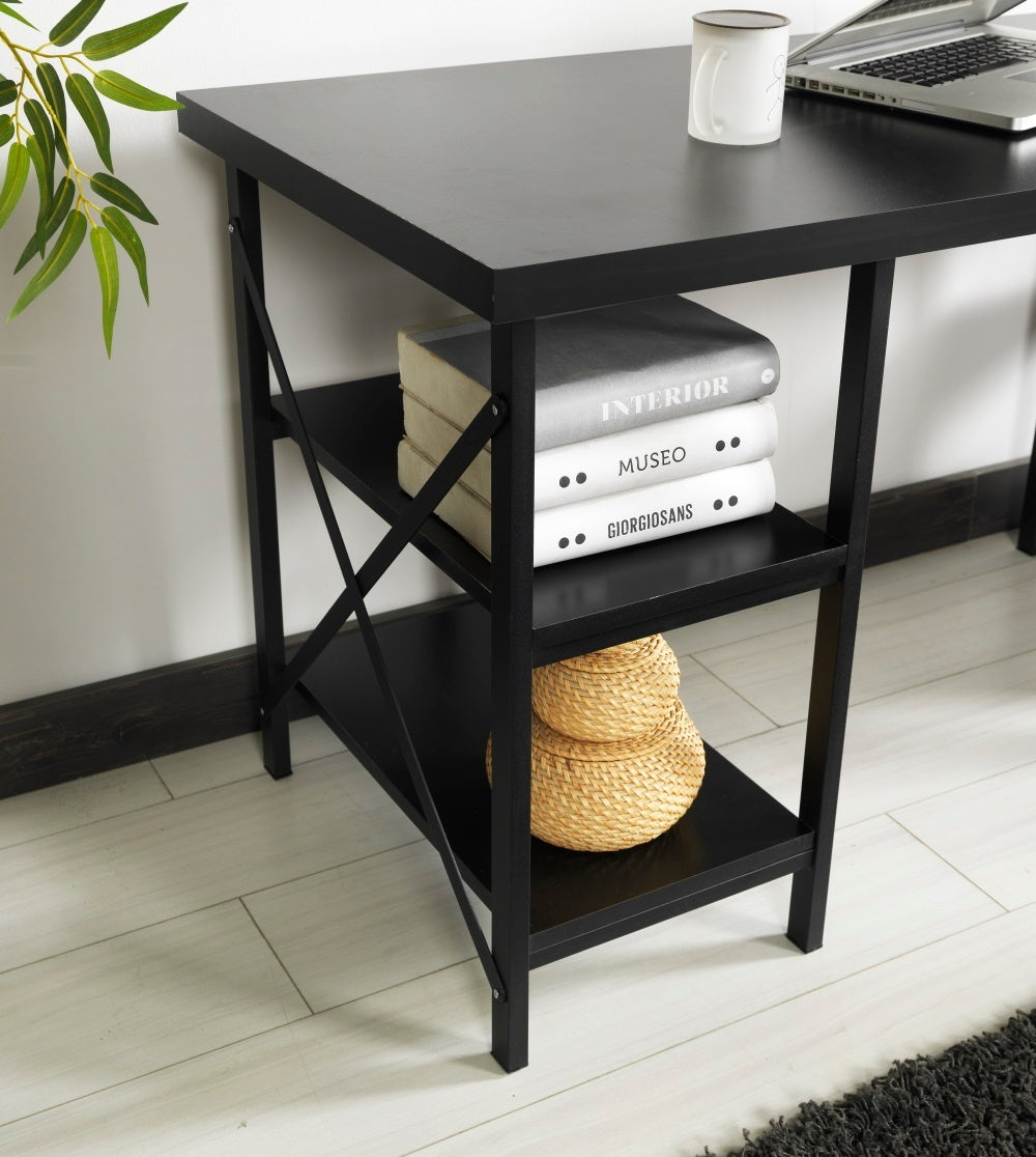 Furnish Home Store Buket Metal Frame 60" Extra Wide Wood Top 4 Shelves Writing and Computer Desk for Home Office, Black