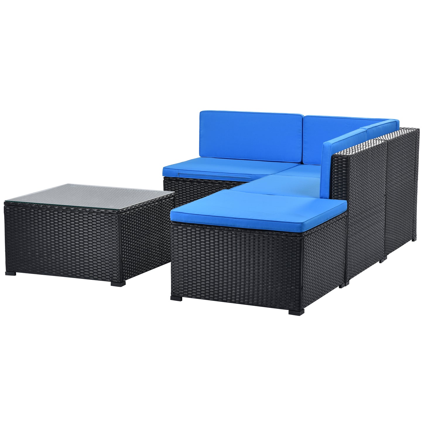 GO 5-Piece Patio Rattan PE Wicker Furniture Corner Sofa Set, with 2 Sofa chairs, 1 Corner chair, 1 ottoman and 1 glass coffee table, Sectional Sofa Chair, Seating,