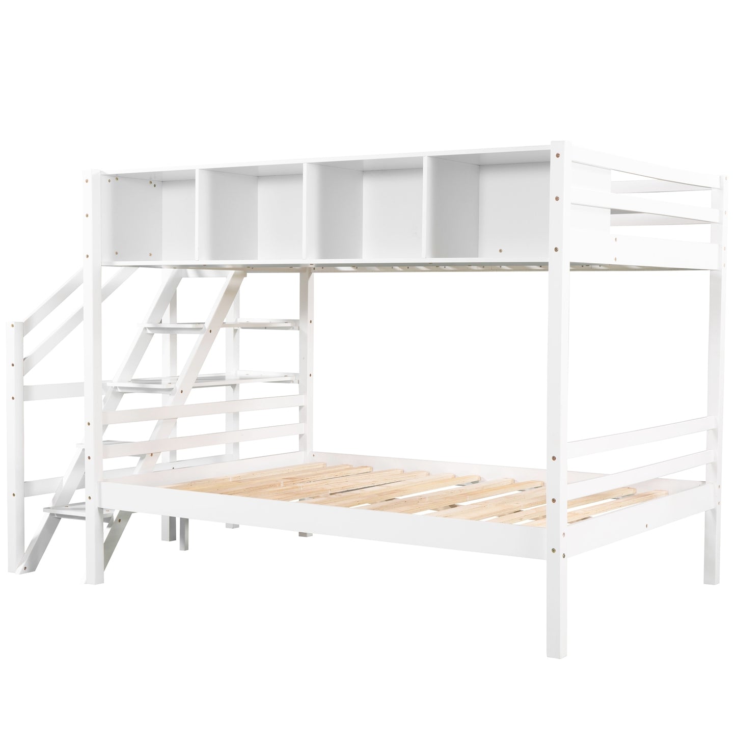 Twin over Full Bunk Bed with Staircase and Built-in Storage Cabinets,White