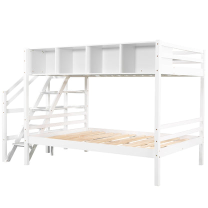 Twin over Full Bunk Bed with Staircase and Built-in Storage Cabinets,White